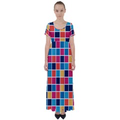 Square Plaid Checkered Pattern High Waist Short Sleeve Maxi Dress by Ravend