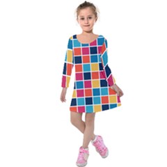 Square Plaid Checkered Pattern Kids  Long Sleeve Velvet Dress by Ravend