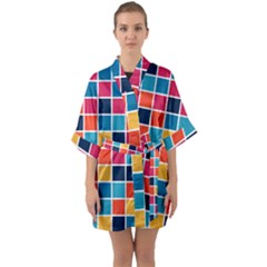 Square Plaid Checkered Pattern Half Sleeve Satin Kimono  by Ravend