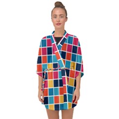 Square Plaid Checkered Pattern Half Sleeve Chiffon Kimono by Ravend