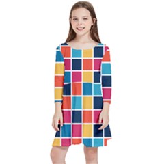 Square Plaid Checkered Pattern Kids  Quarter Sleeve Skater Dress by Ravend