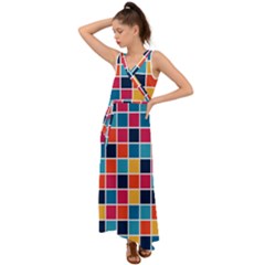 Square Plaid Checkered Pattern V-neck Chiffon Maxi Dress by Ravend