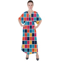 Square Plaid Checkered Pattern V-neck Boho Style Maxi Dress by Ravend