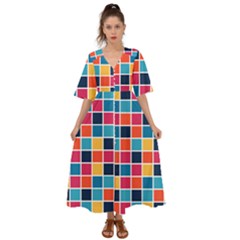 Square Plaid Checkered Pattern Kimono Sleeve Boho Dress by Ravend