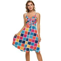 Square Plaid Checkered Pattern Sleeveless Tie Front Chiffon Dress by Ravend