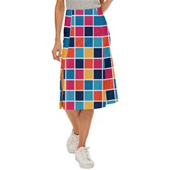 Square Plaid Checkered Pattern Midi Panel Skirt by Ravend