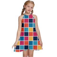 Square Plaid Checkered Pattern Kids  Halter Collar Waist Tie Chiffon Dress by Ravend