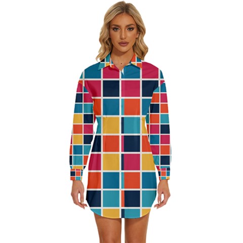 Square Plaid Checkered Pattern Womens Long Sleeve Shirt Dress by Ravend