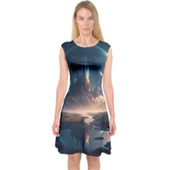 Space Planet Universe Galaxy Moon Capsleeve Midi Dress by Ravend