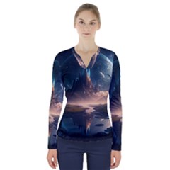 Space Planet Universe Galaxy Moon V-neck Long Sleeve Top by Ravend