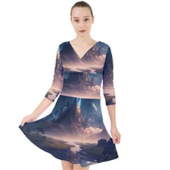 Space Planet Universe Galaxy Moon Quarter Sleeve Front Wrap Dress by Ravend