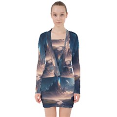 Space Planet Universe Galaxy Moon V-neck Bodycon Long Sleeve Dress by Ravend