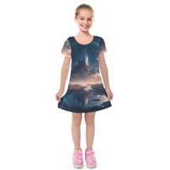 Space Planet Universe Galaxy Moon Kids  Short Sleeve Velvet Dress by Ravend