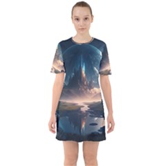 Space Planet Universe Galaxy Moon Sixties Short Sleeve Mini Dress by Ravend