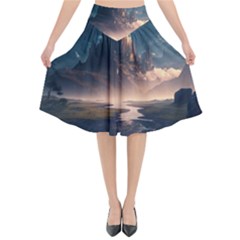 Space Planet Universe Galaxy Moon Flared Midi Skirt by Ravend