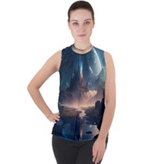 Space Planet Universe Galaxy Moon Mock Neck Chiffon Sleeveless Top by Ravend