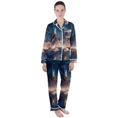 Space Planet Universe Galaxy Moon Women s Long Sleeve Satin Pajamas Set	 by Ravend