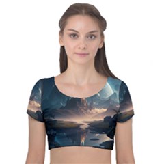 Space Planet Universe Galaxy Moon Velvet Short Sleeve Crop Top  by Ravend