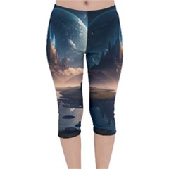 Space Planet Universe Galaxy Moon Velvet Capri Leggings  by Ravend