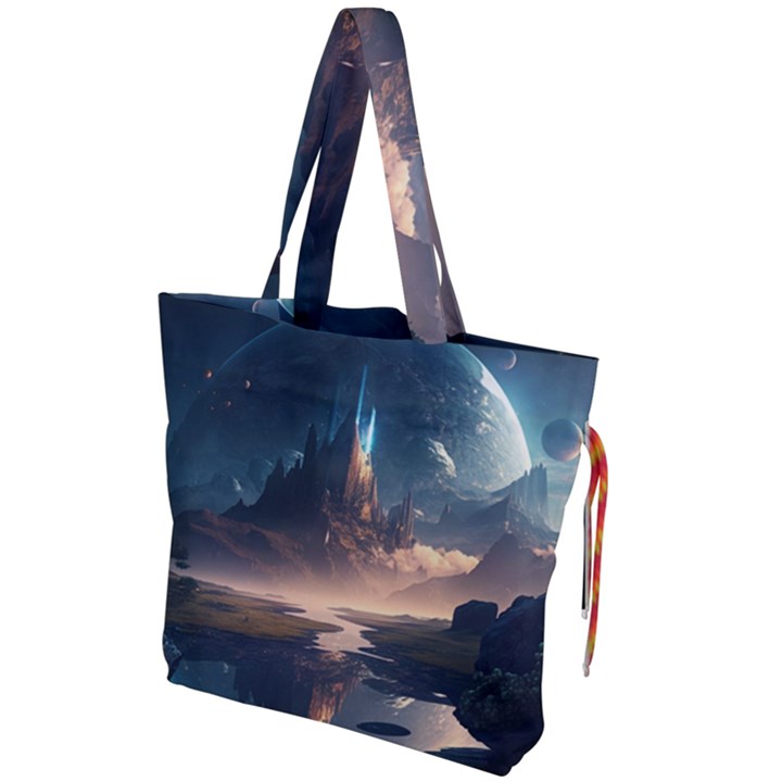 Space Planet Universe Galaxy Moon Drawstring Tote Bag