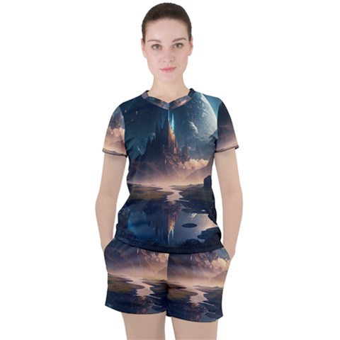 Space Planet Universe Galaxy Moon Women s Tee And Shorts Set by Ravend