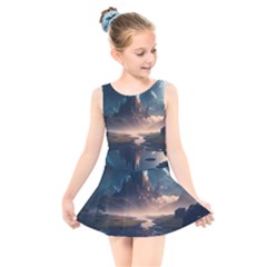 Space Planet Universe Galaxy Moon Kids  Skater Dress Swimsuit by Ravend