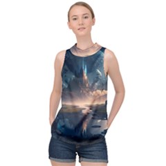 Space Planet Universe Galaxy Moon High Neck Satin Top by Ravend