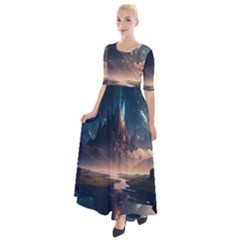 Space Planet Universe Galaxy Moon Half Sleeves Maxi Dress by Ravend