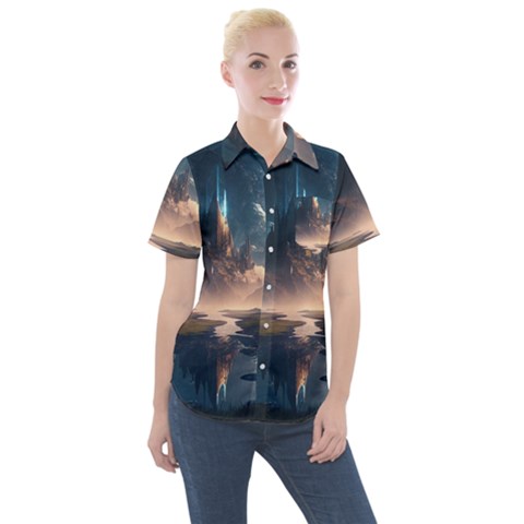 Space Planet Universe Galaxy Moon Women s Short Sleeve Pocket Shirt by Ravend