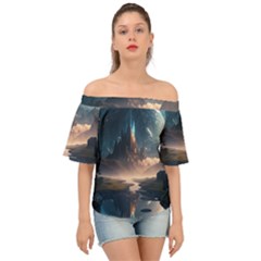 Space Planet Universe Galaxy Moon Off Shoulder Short Sleeve Top by Ravend