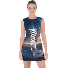 Space Planet Universe Galaxy Moon Lace Up Front Bodycon Dress by Ravend