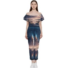 Space Planet Universe Galaxy Moon Off Shoulder Ruffle Top Jumpsuit by Ravend