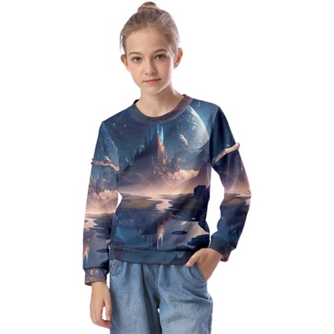 Space Planet Universe Galaxy Moon Kids  Long Sleeve Tee With Frill  by Ravend