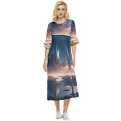 Space Planet Universe Galaxy Moon Double Cuff Midi Dress by Ravend