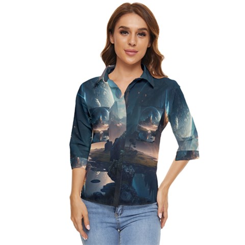 Space Planet Universe Galaxy Moon Women s Quarter Sleeve Pocket Shirt by Ravend