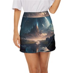 Space Planet Universe Galaxy Moon Mini Front Wrap Skirt by Ravend