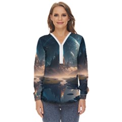 Space Planet Universe Galaxy Moon Zip Up Long Sleeve Blouse