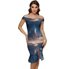 Space Planet Universe Galaxy Moon Off Shoulder Ruffle Split Hem Bodycon Dress by Ravend