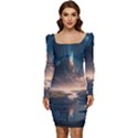 Space Planet Universe Galaxy Moon Women Long Sleeve Ruched Stretch Jersey Dress View1