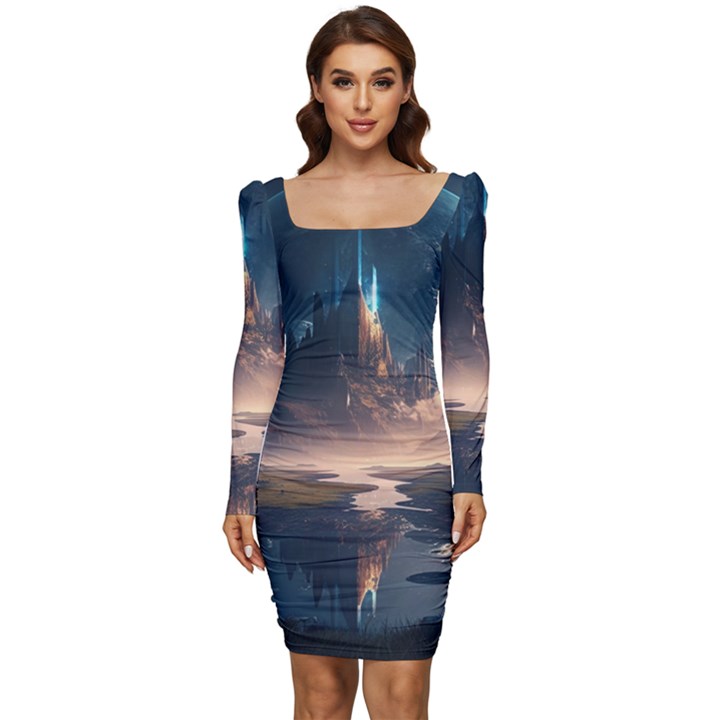 Space Planet Universe Galaxy Moon Women Long Sleeve Ruched Stretch Jersey Dress