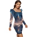 Space Planet Universe Galaxy Moon Women Long Sleeve Ruched Stretch Jersey Dress View2