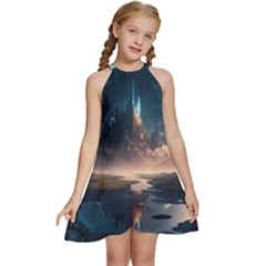 Space Planet Universe Galaxy Moon Kids  Halter Collar Waist Tie Chiffon Dress by Ravend