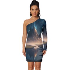 Space Planet Universe Galaxy Moon Long Sleeve One Shoulder Mini Dress by Ravend