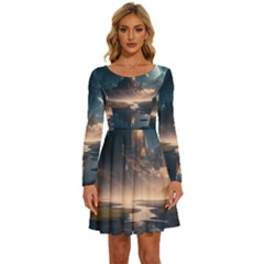 Space Planet Universe Galaxy Moon Long Sleeve Wide Neck Velour Dress by Ravend