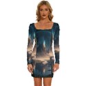 Space Planet Universe Galaxy Moon Long Sleeve Square Neck Bodycon Velour Dress View1