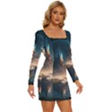 Space Planet Universe Galaxy Moon Long Sleeve Square Neck Bodycon Velour Dress View3