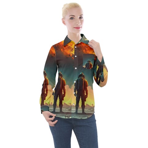 Leadership Alien Soldier Warrior Fantasy Women s Long Sleeve Pocket Shirt by Ravend