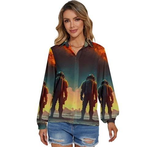 Leadership Alien Soldier Warrior Fantasy Women s Long Sleeve Button Down Shirt by Ravend