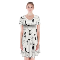 Pattern Cats Black Feline Kitten Short Sleeve V-neck Flare Dress by Ravend