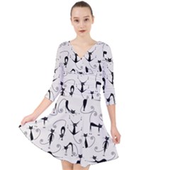 Pattern Cats Black Feline Kitten Quarter Sleeve Front Wrap Dress